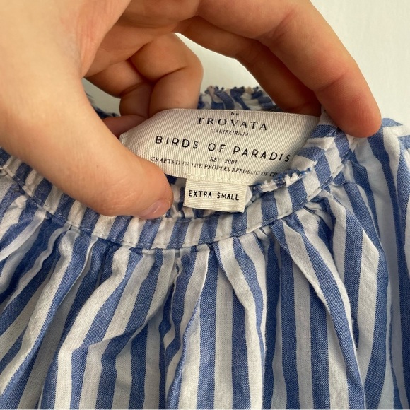 Trovata Birds of Paradise Carla High Neck Blouse Blue White Striped Top XS - Picture 10 of 15